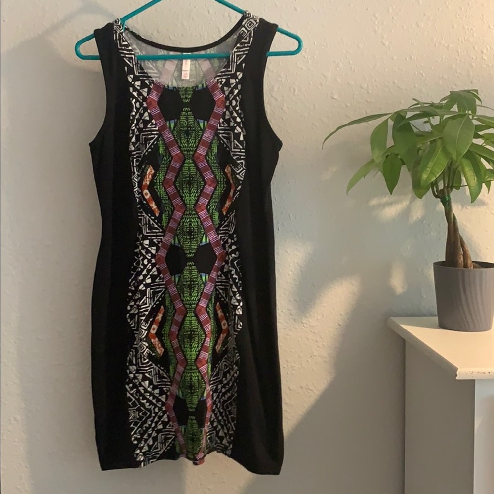 Black dress with colorful pattern